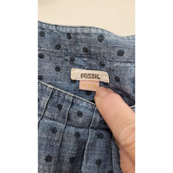 Fossil Blue Denim Jeans Shift Dress Lined Pleated Neck Sleeveless Polka Sz. S - Picture 5 of 7